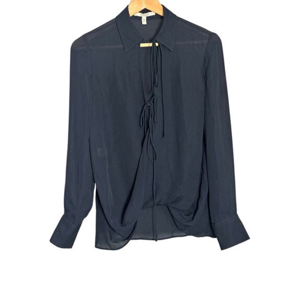Derek Lam 10 Crosby Size 0 Navy Blue 100% Silk‎ Draped Tie Front Blouse